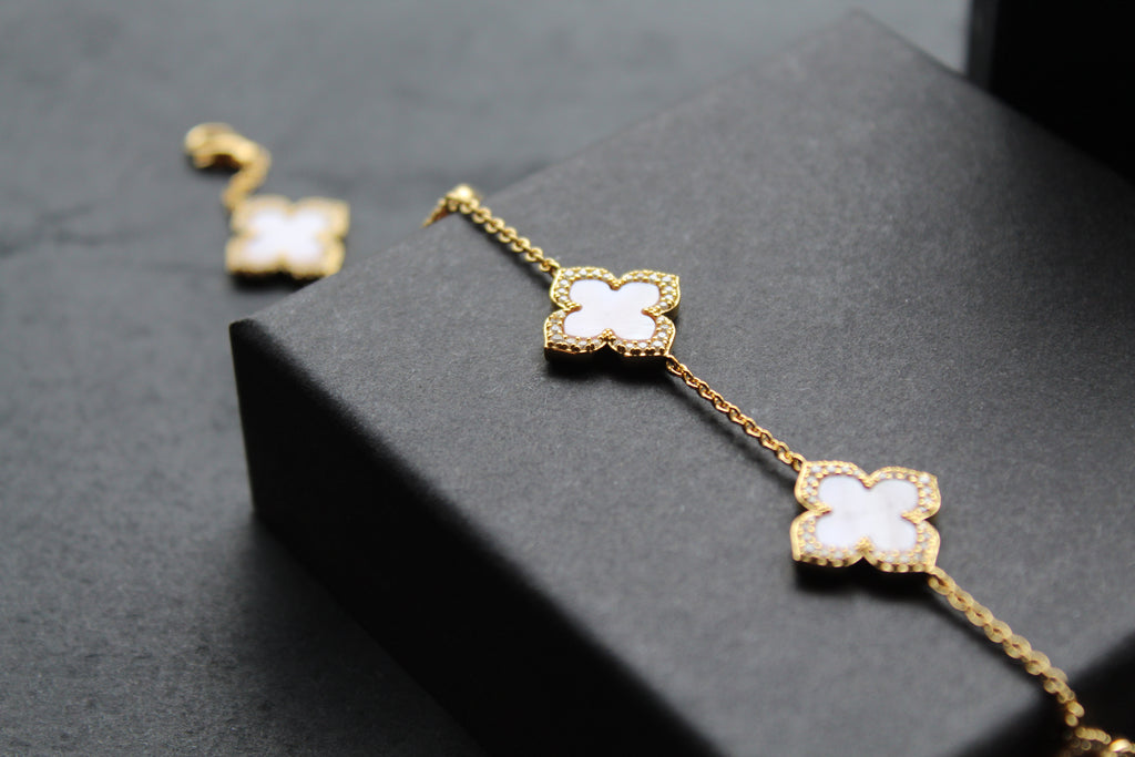 Gold Vermeil CZ Vintage Flower Pink Mother of Pearl Bracelet