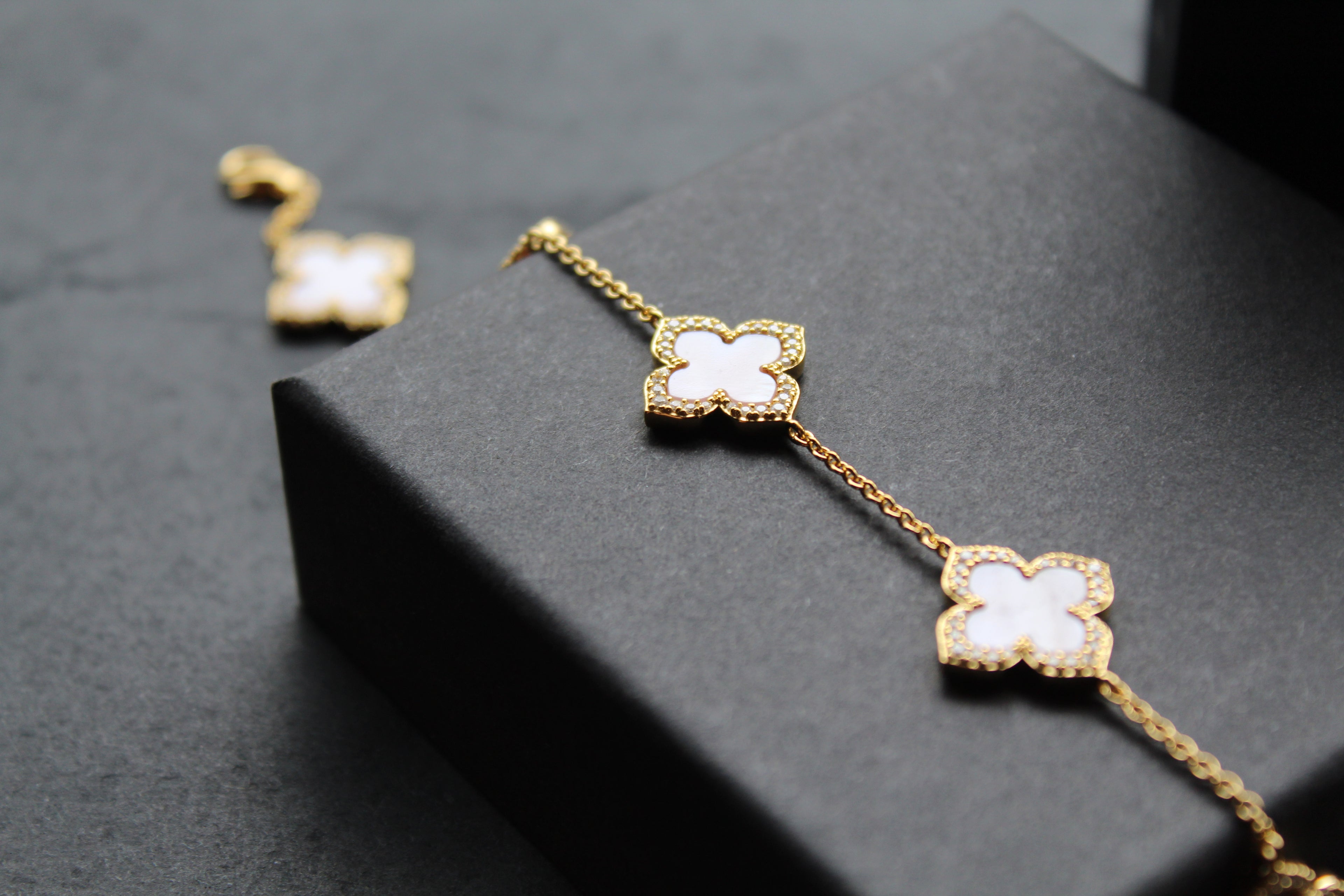 Gold Vermeil CZ Vintage Flower Pink Mother of Pearl Bracelet
