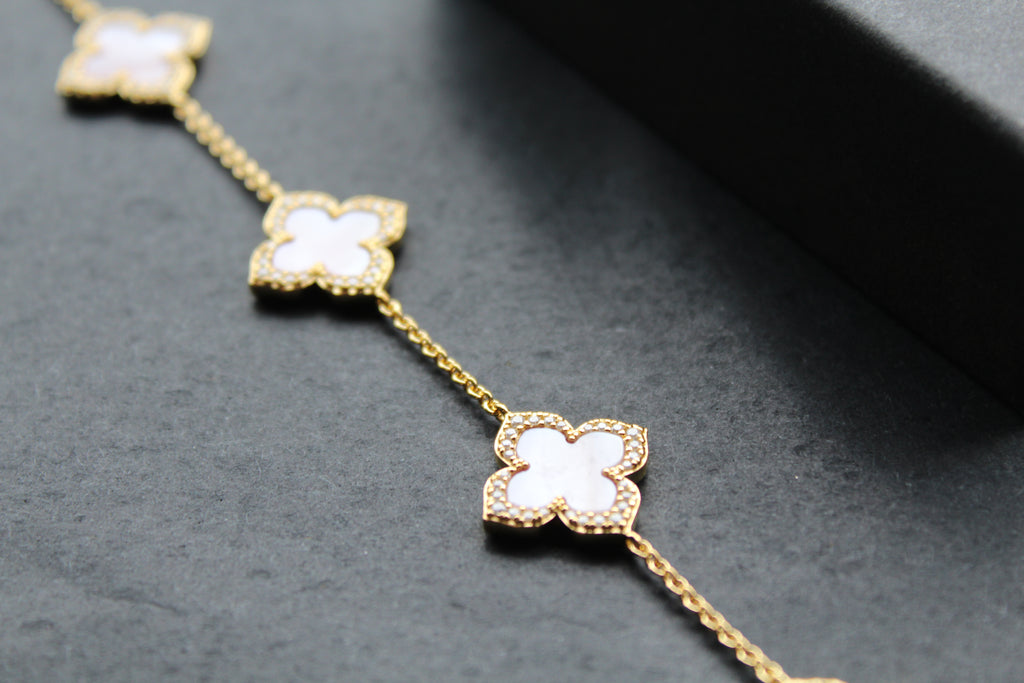 Gold Vermeil CZ Vintage Flower Pink Mother of Pearl Bracelet