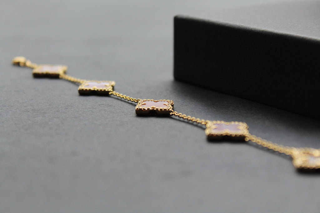 Gold Vermeil CZ Vintage Flower Pink Mother of Pearl Bracelet