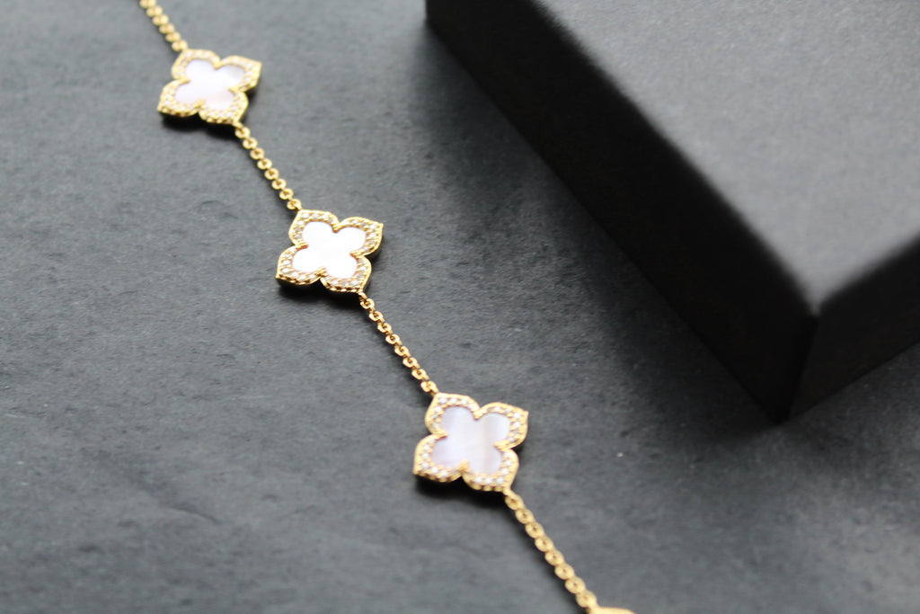 Gold Vermeil CZ Vintage Flower Pink Mother of Pearl Bracelet
