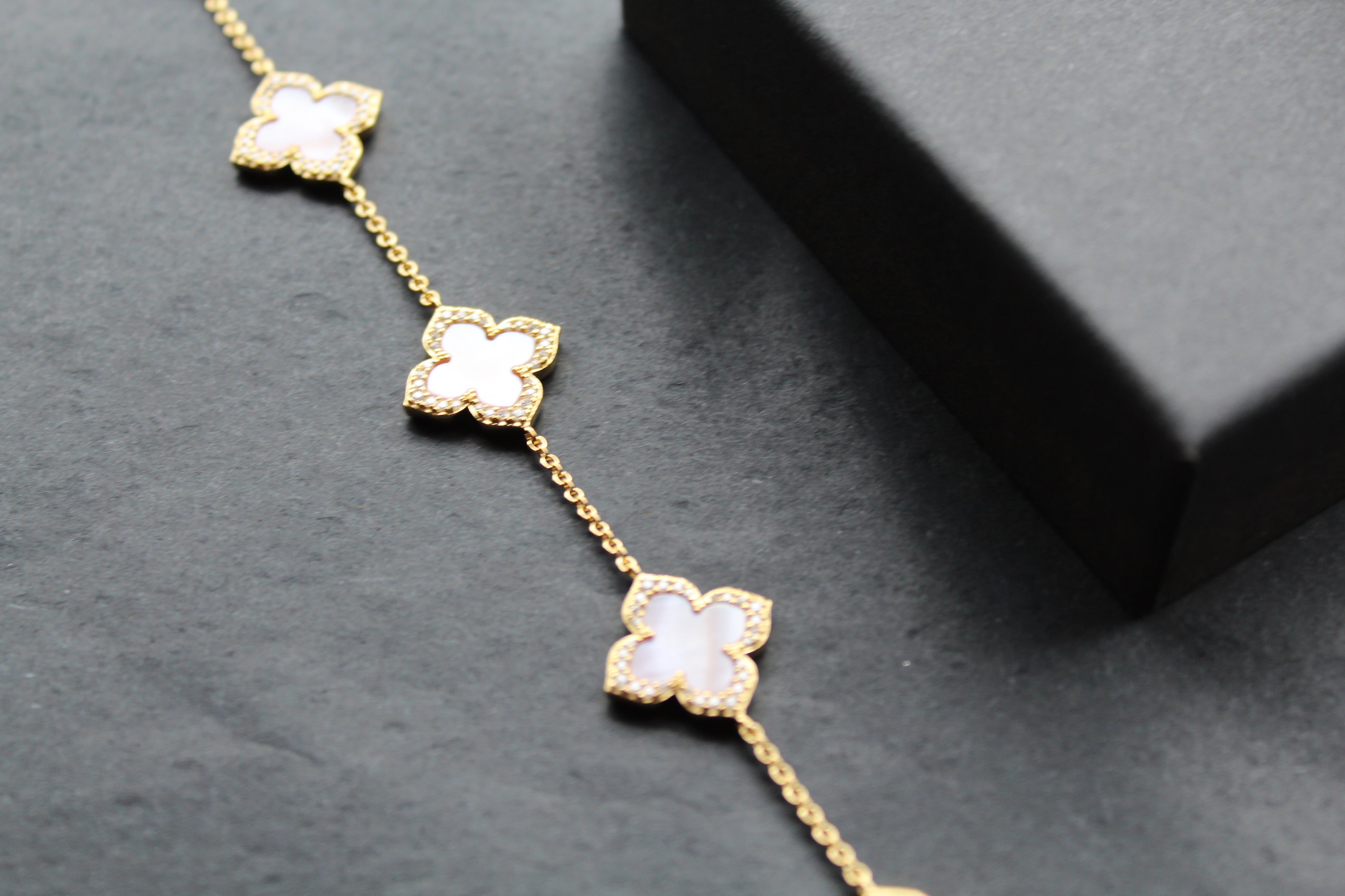 Gold Vermeil CZ Vintage Flower Pink Mother of Pearl Bracelet
