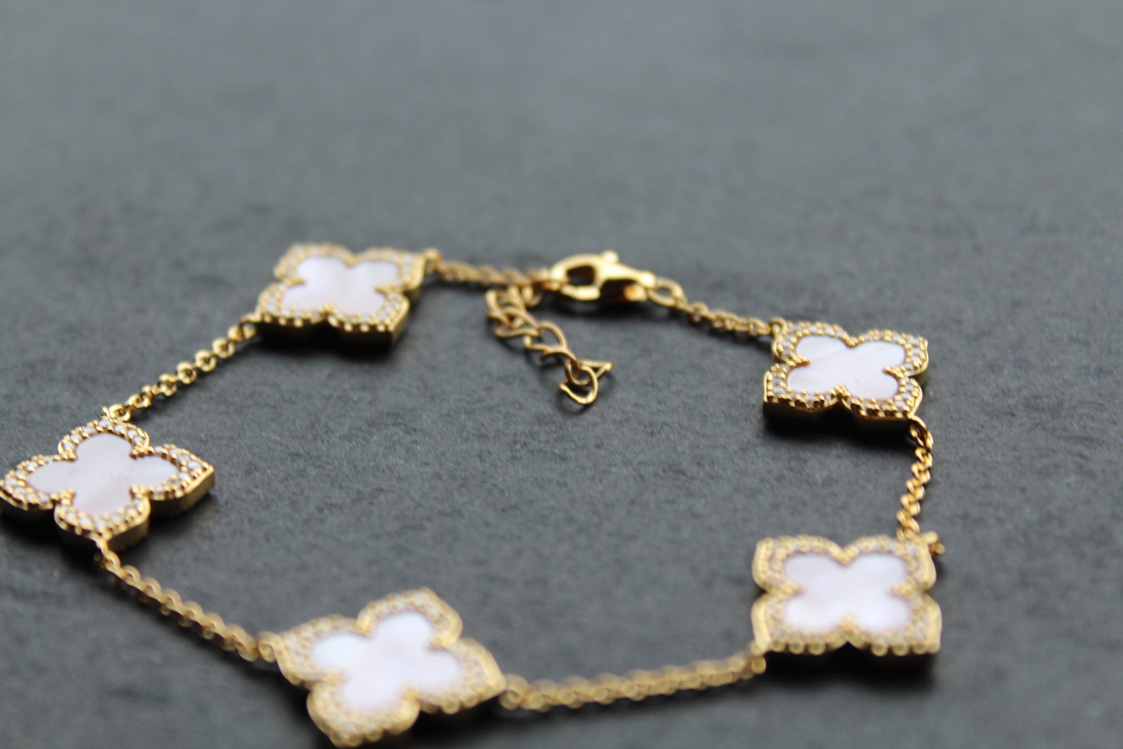Gold Vermeil CZ Vintage Flower Pink Mother of Pearl Bracelet
