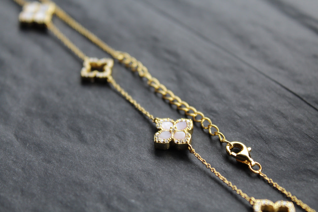 Gold Vermeil CZ Vintage Flower Pink Mother of Pearl Large Necklace
