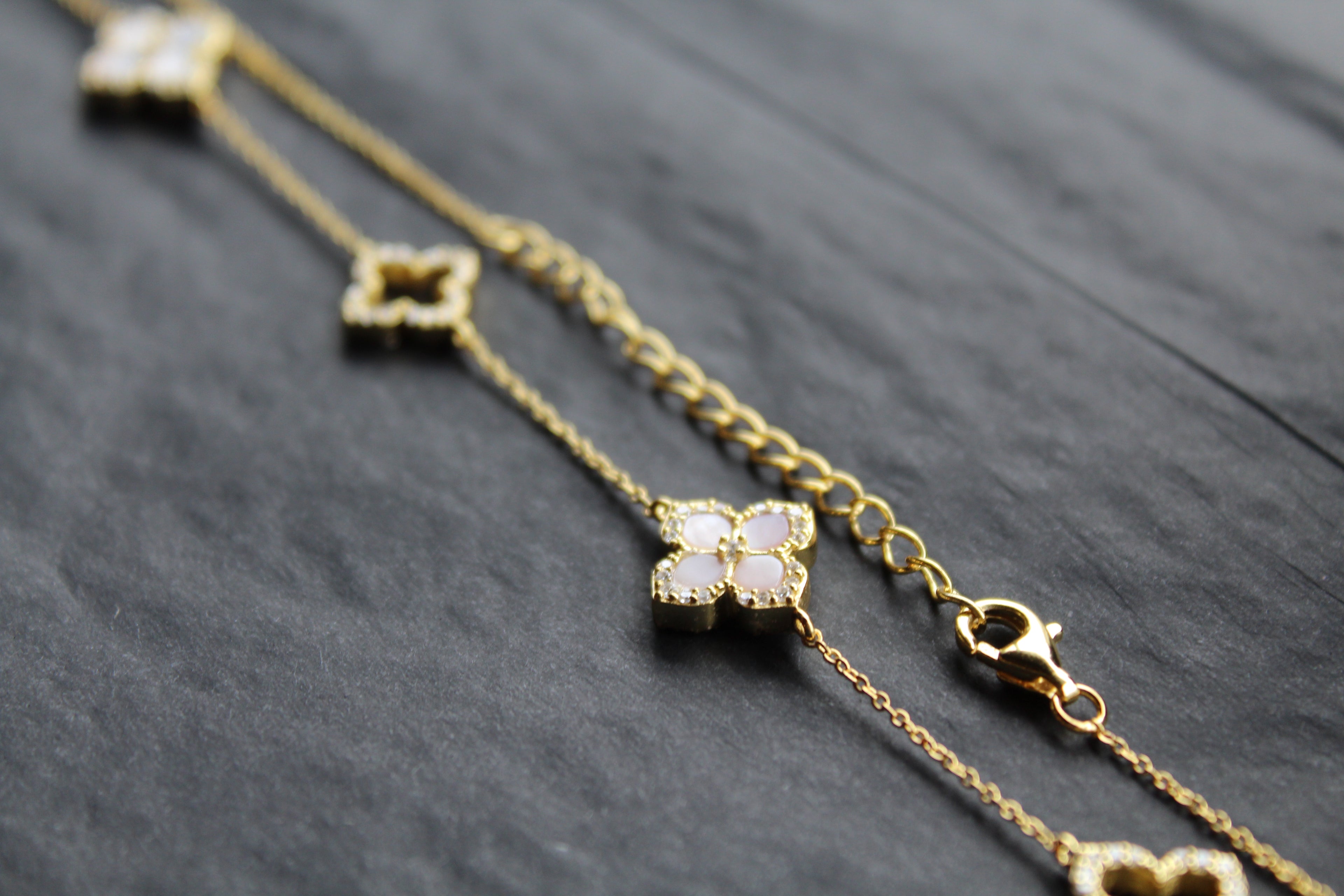 Gold Vermeil CZ Vintage Flower Pink Mother of Pearl Large Necklace