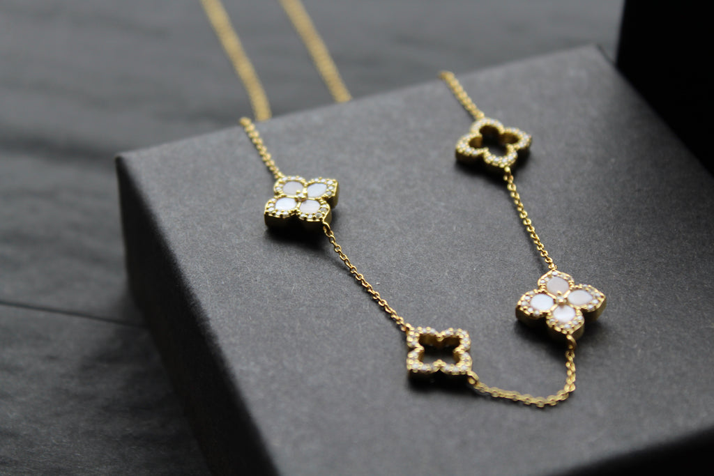 Gold Vermeil CZ Vintage Flower Pink Mother of Pearl Large Necklace