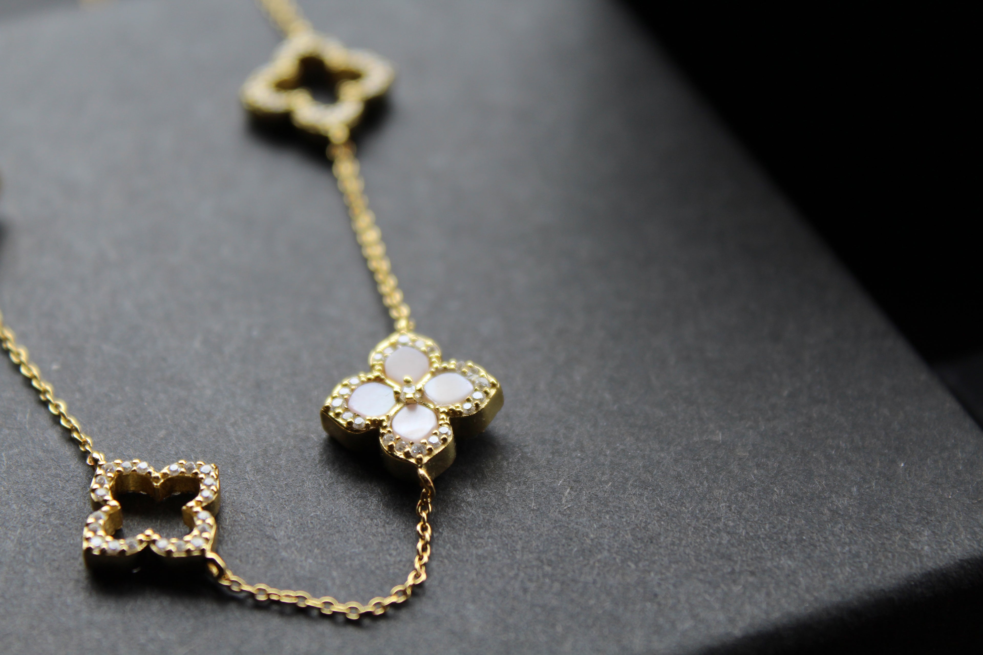 Gold Vermeil CZ Vintage Flower Pink Mother of Pearl Large Necklace