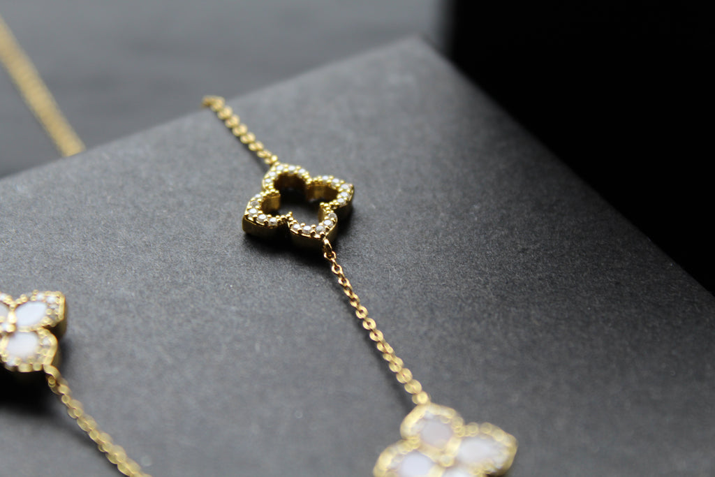 Gold Vermeil CZ Vintage Flower Pink Mother of Pearl Large Necklace