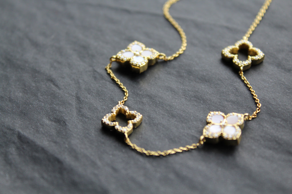 Gold Vermeil CZ Vintage Flower Pink Mother of Pearl Large Necklace