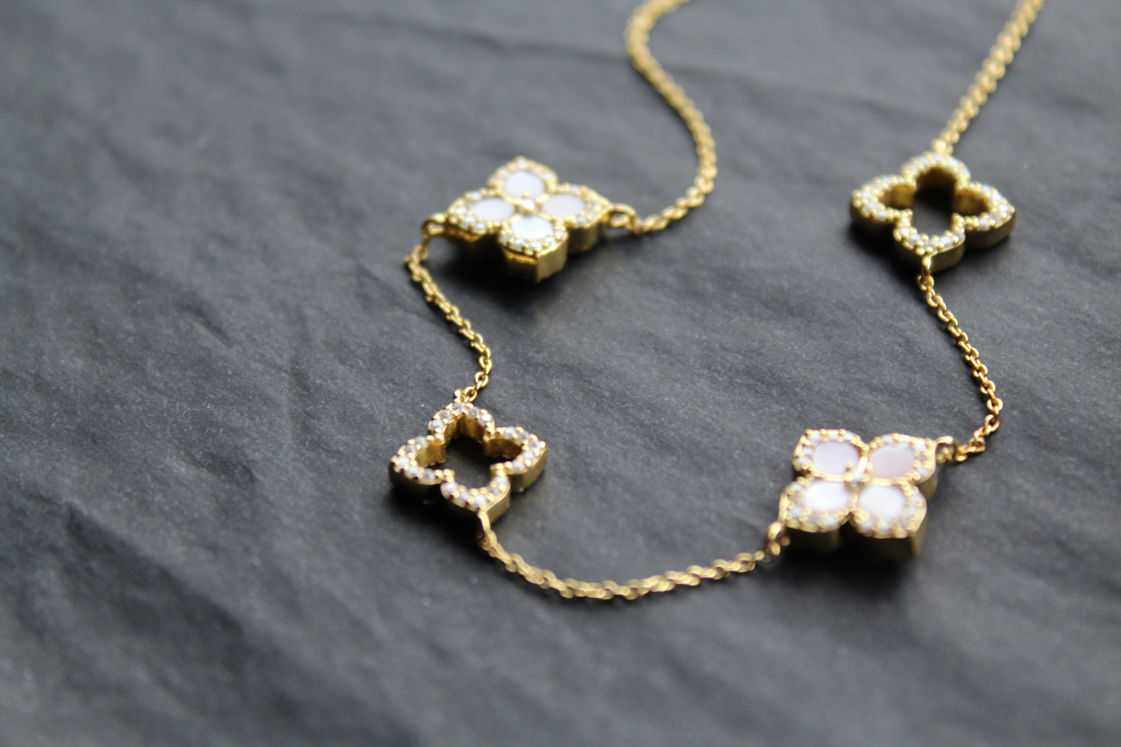Gold Vermeil CZ Vintage Flower Pink Mother of Pearl Large Necklace