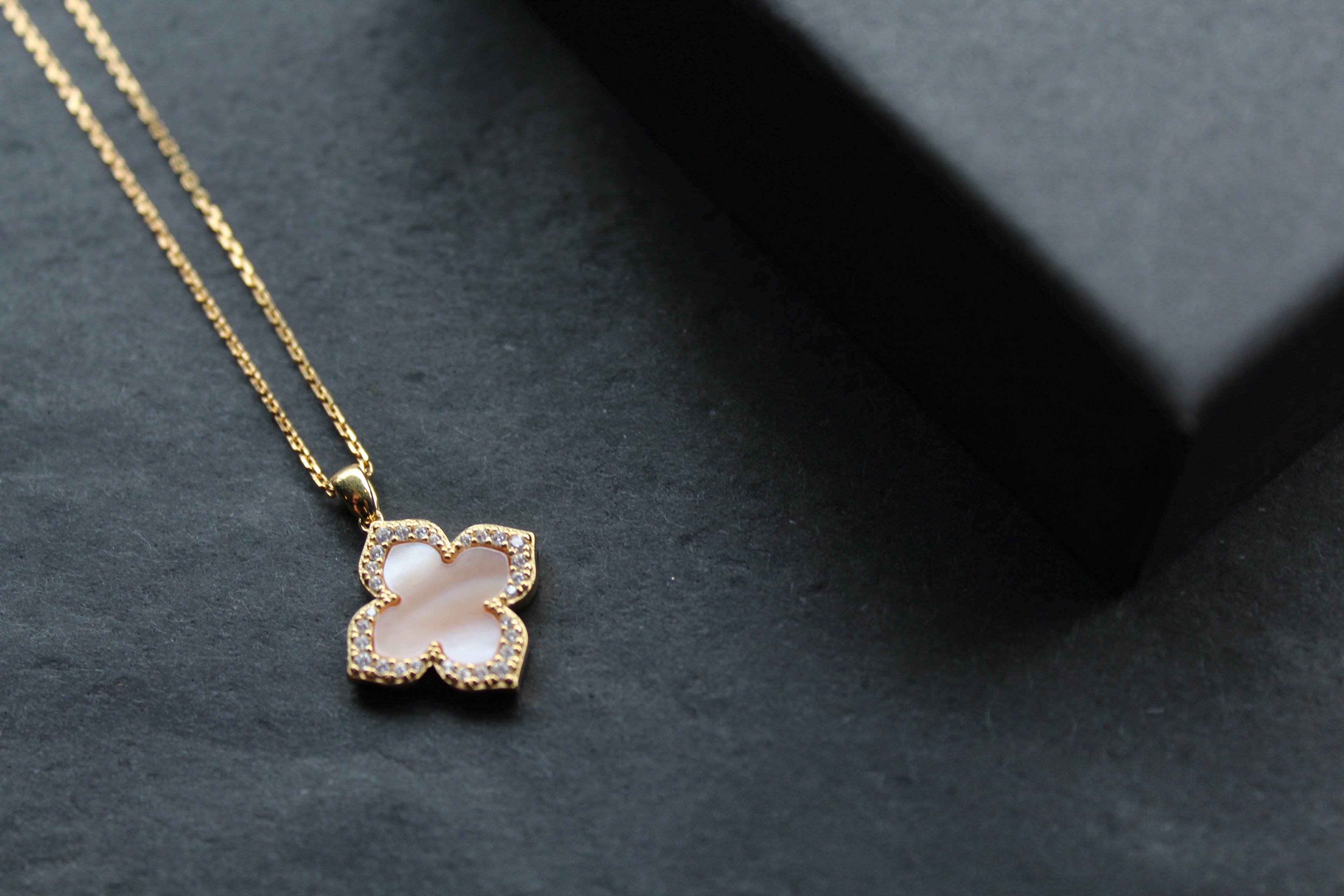 Gold Vermeil CZ Vintage Flower Pink Mother of Pearl Necklace