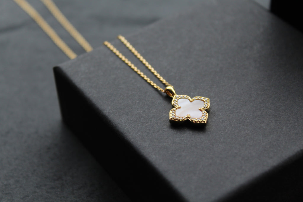 Gold Vermeil CZ Vintage Flower Pink Mother of Pearl Necklace