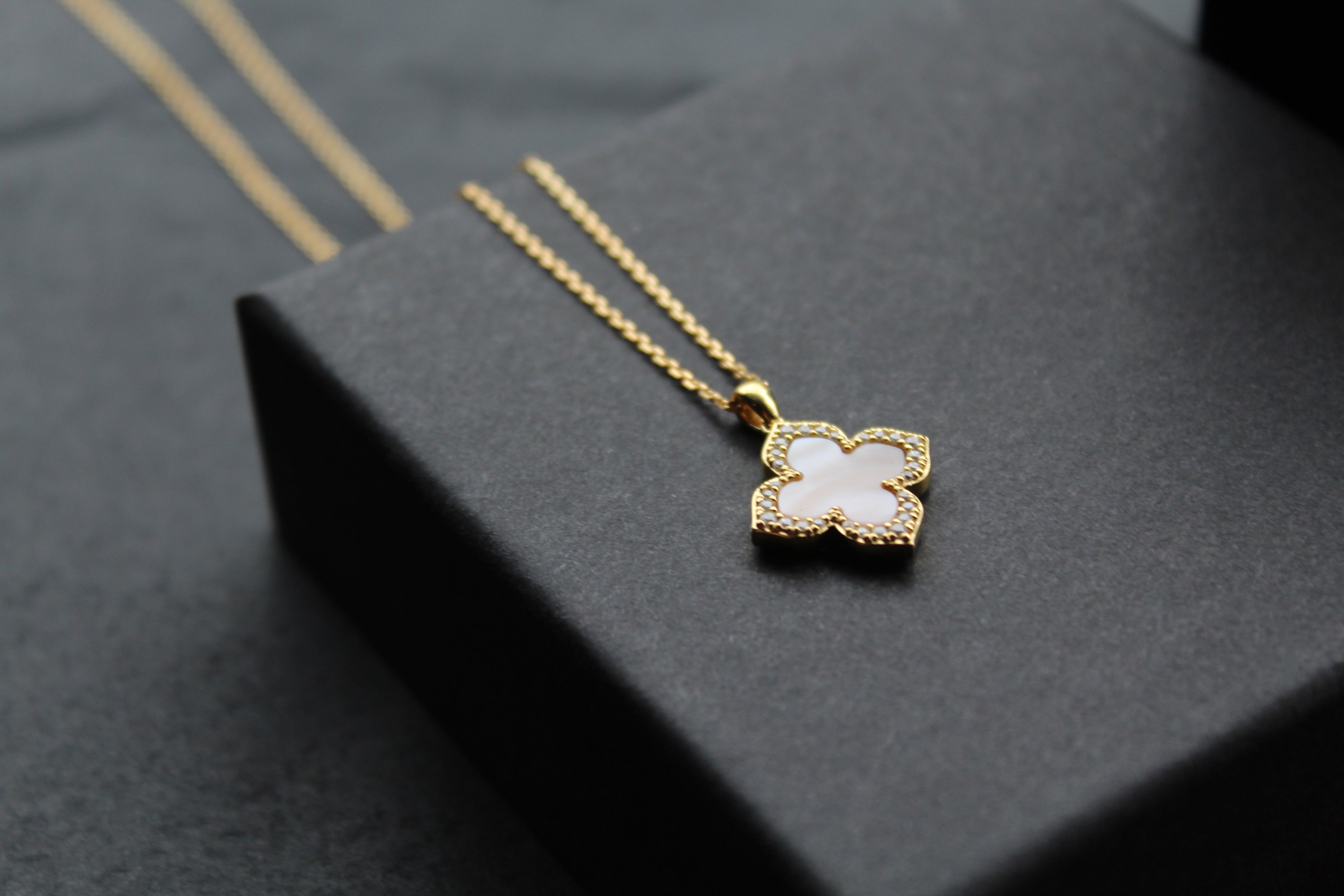 Gold Vermeil CZ Vintage Flower Pink Mother of Pearl Necklace