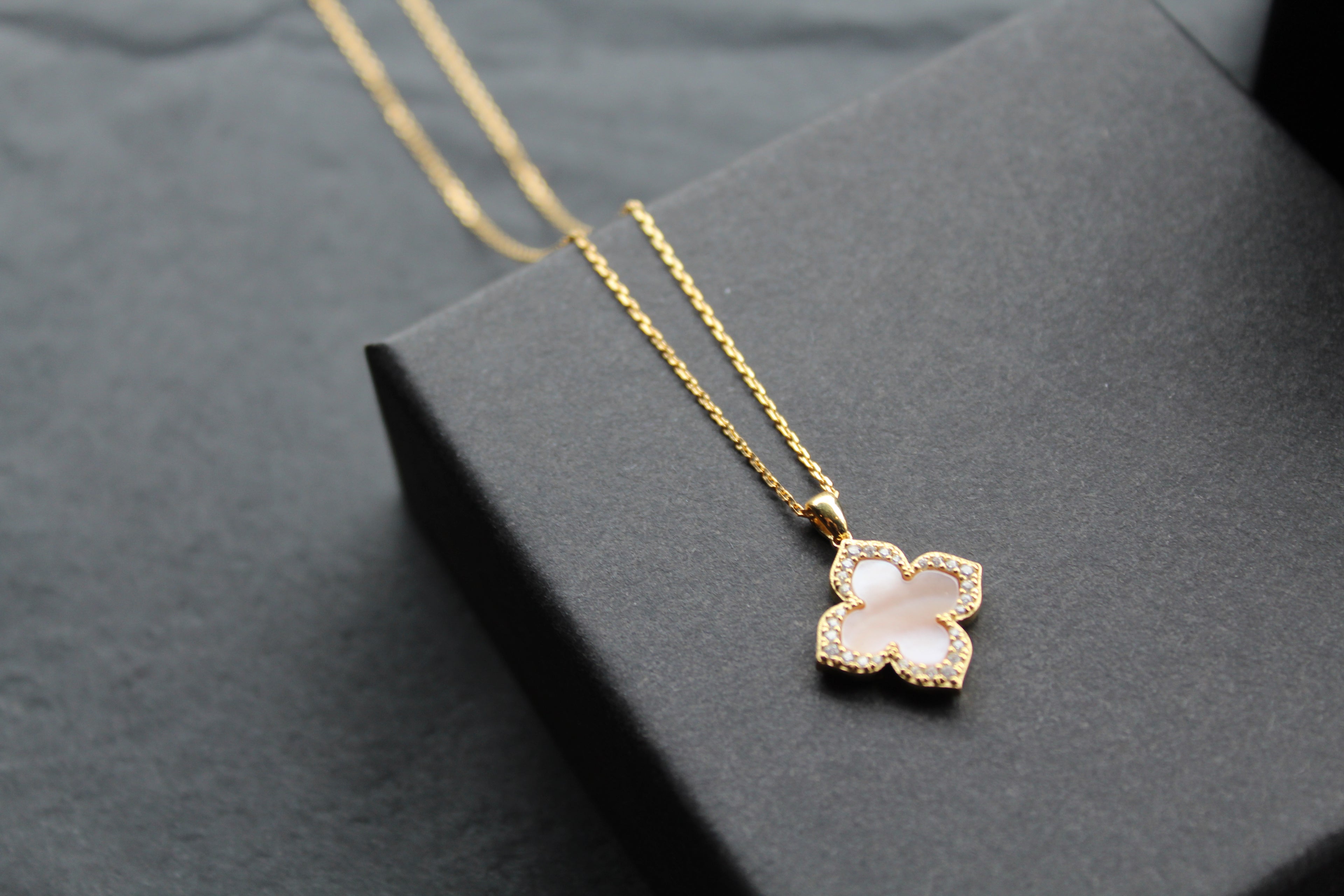 Gold Vermeil CZ Vintage Flower Pink Mother of Pearl Necklace