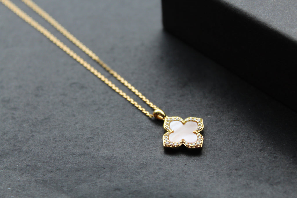 Gold Vermeil CZ Vintage Flower Pink Mother of Pearl Necklace