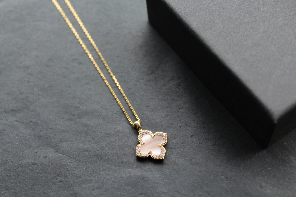 Gold Vermeil CZ Vintage Flower Pink Mother of Pearl Necklace