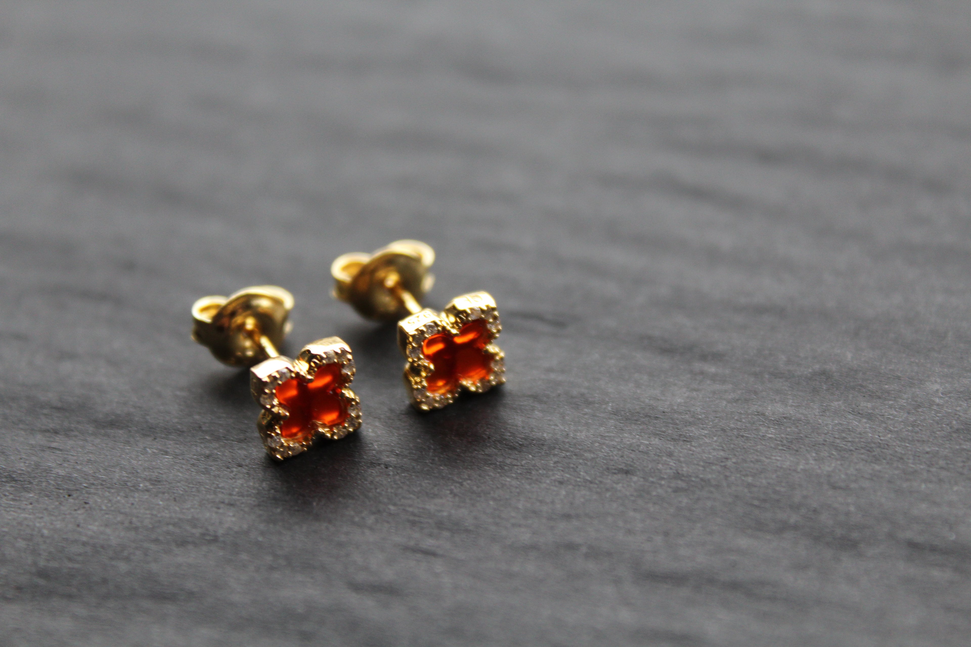 Gold Vermeil Vintage Flower Earrings with Ruby Red Mother of Pearl
