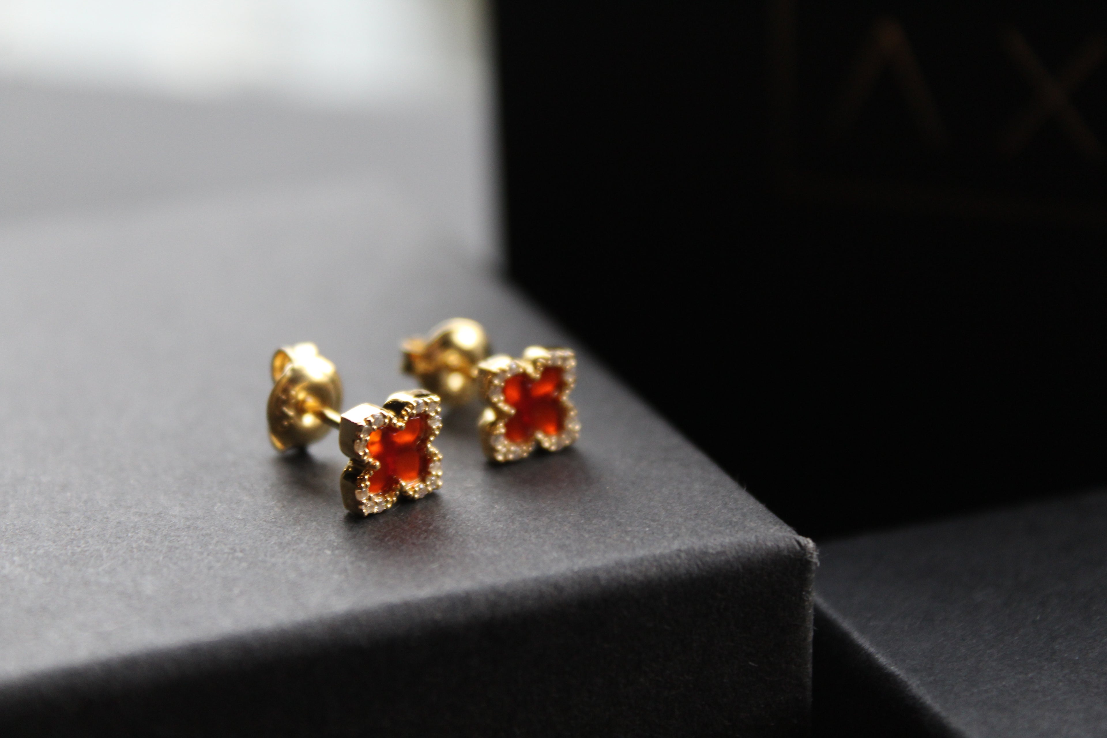 Gold Vermeil Vintage Flower Earrings with Ruby Red Mother of Pearl