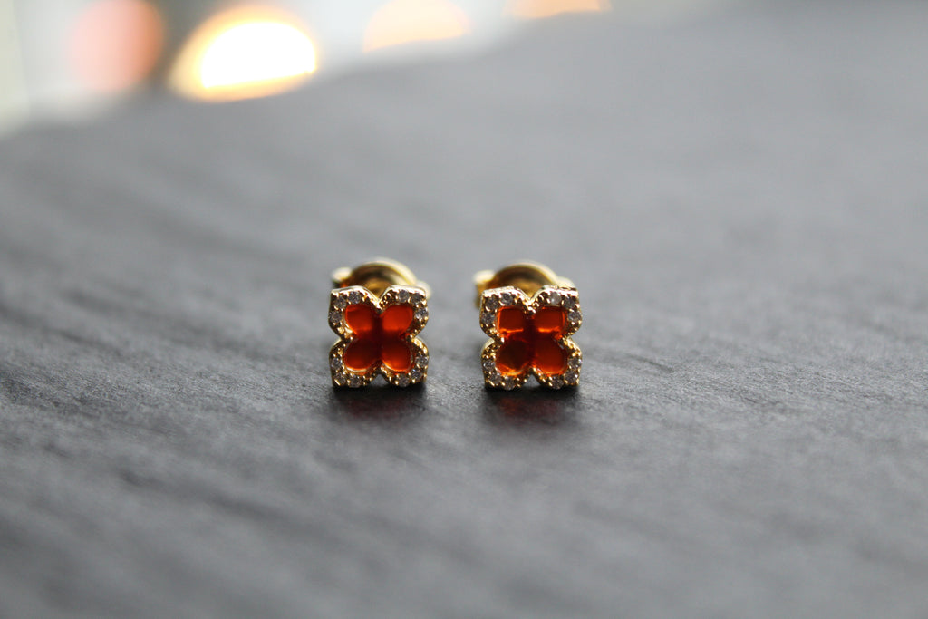 Gold Vermeil Vintage Flower Earrings with Ruby Red Mother of Pearl