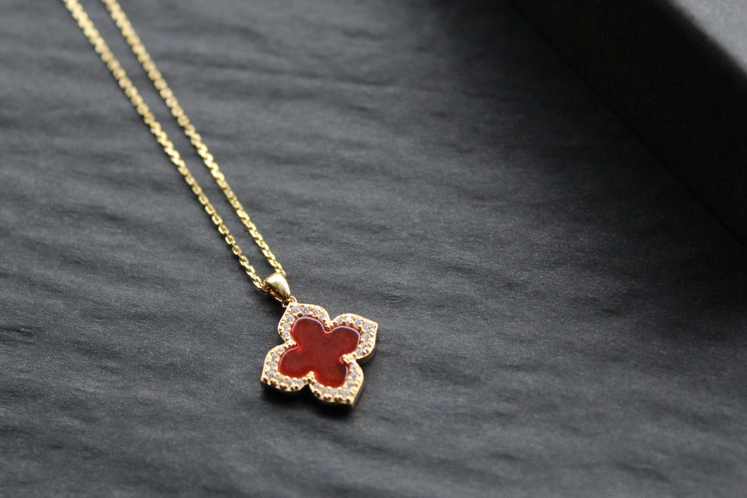 Gold Vermeil Vintage Flower Necklace with Ruby Red Mother of Pearl