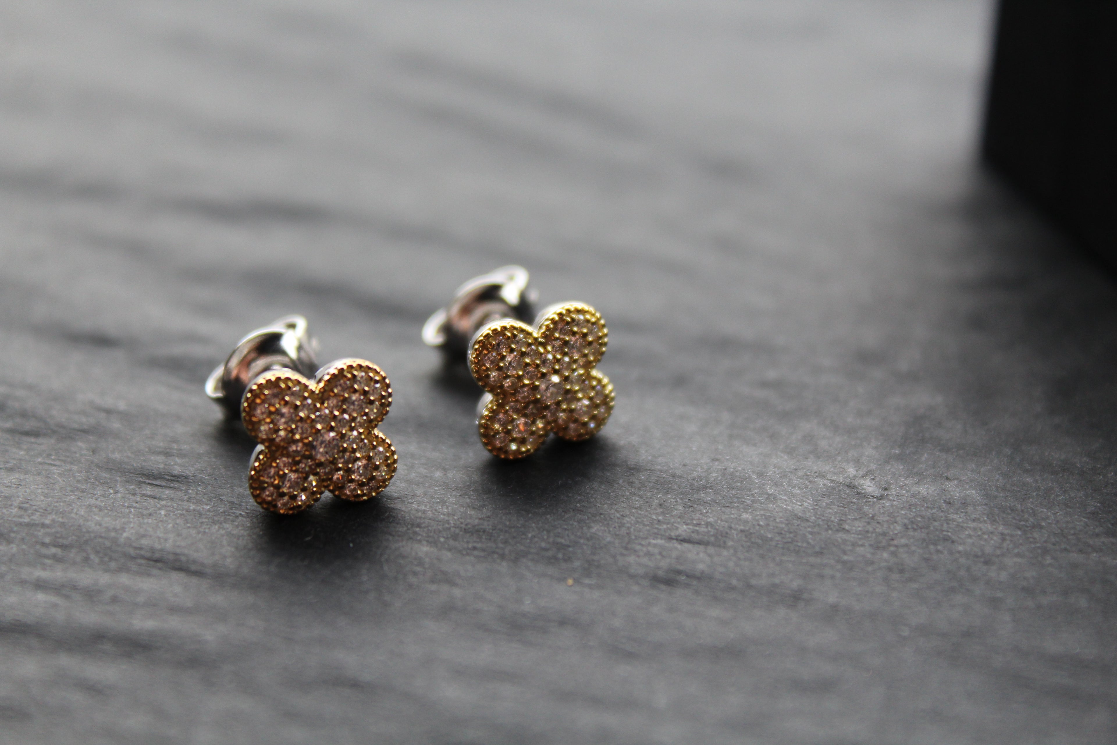 Gold Vermeil 'New' Vintage Clover White Cubic Zirconia Studs