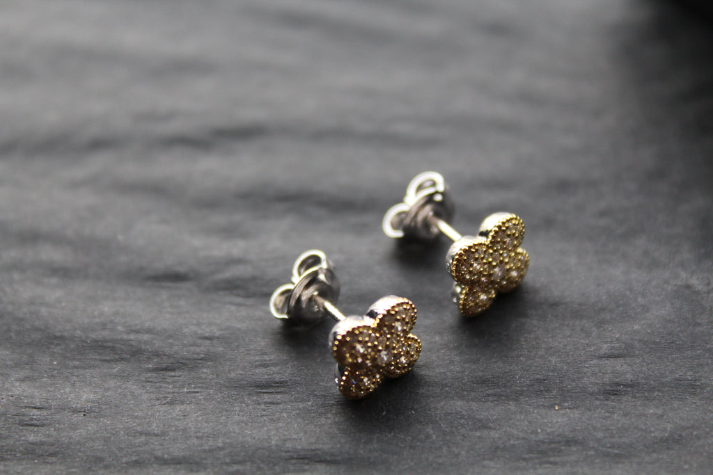 Gold Vermeil 'New' Vintage Clover White Cubic Zirconia Studs