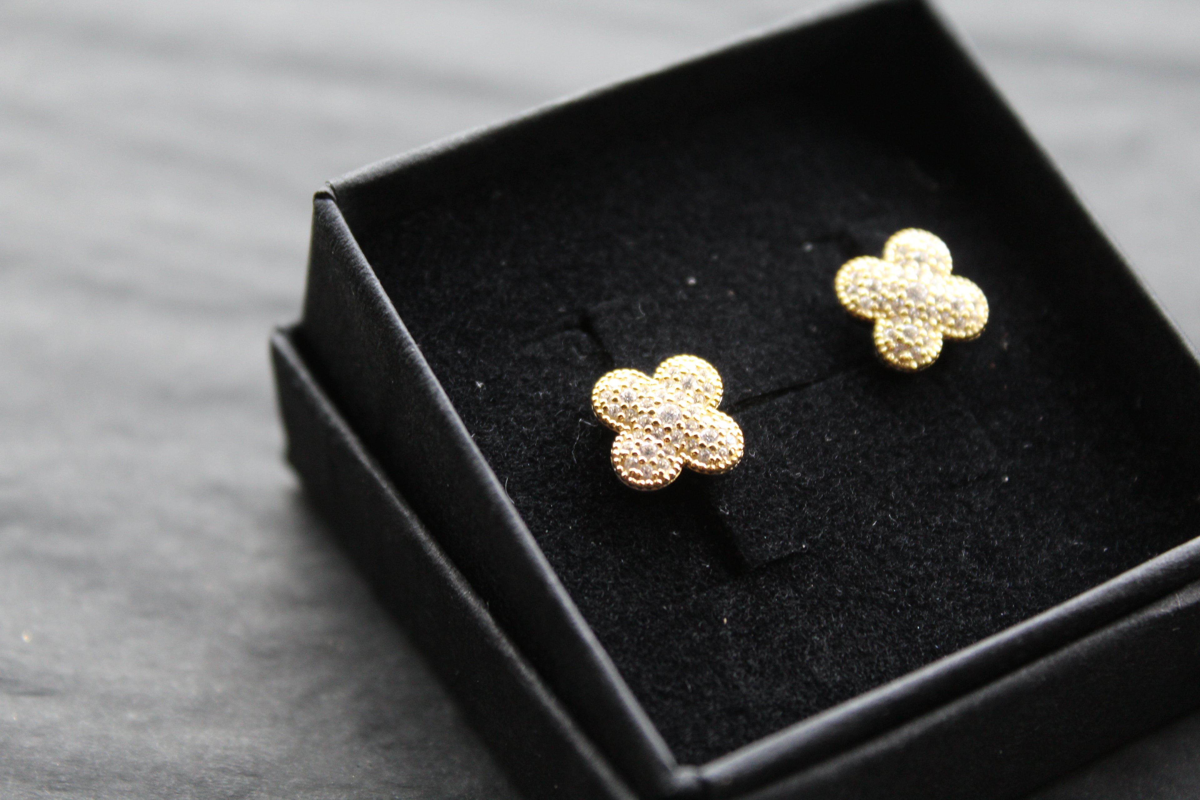 Gold Vermeil 'New' Vintage Clover White Cubic Zirconia Studs