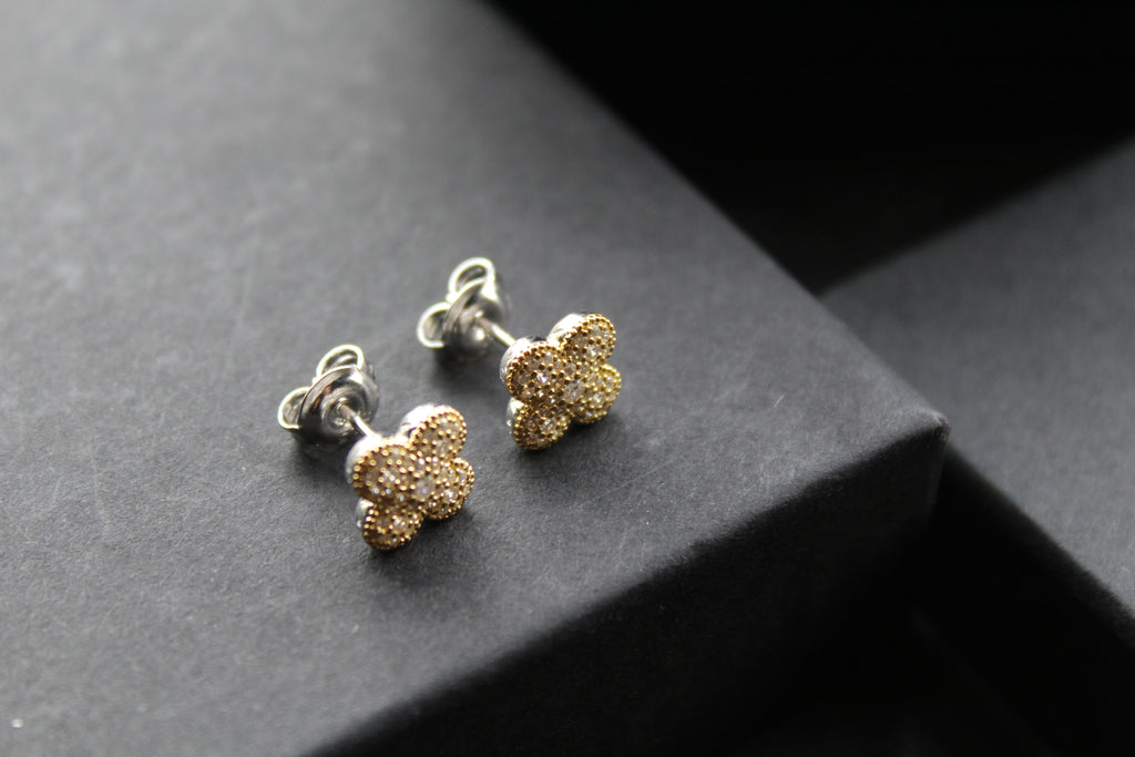 Gold Vermeil 'New' Vintage Clover White Cubic Zirconia Studs