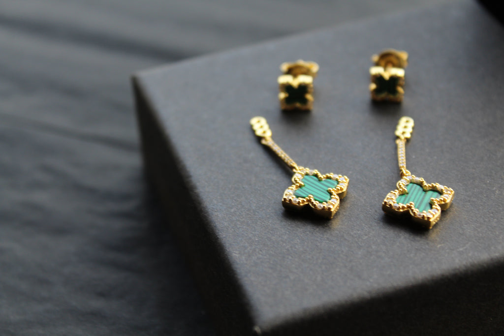Gold & Formed Malachite Vintage Flower Drop Earrings