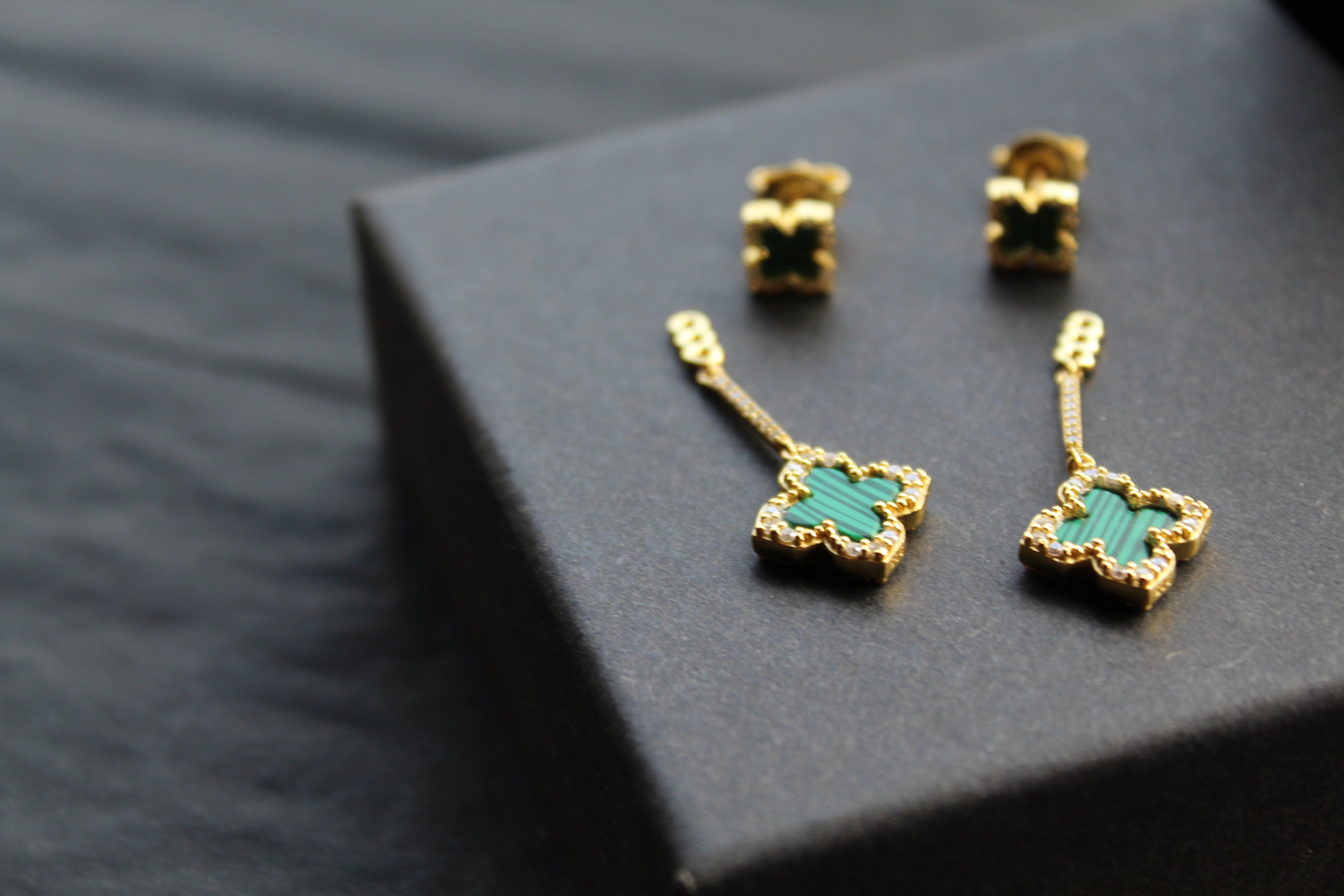 Gold & Formed Malachite Vintage Flower Drop Earrings
