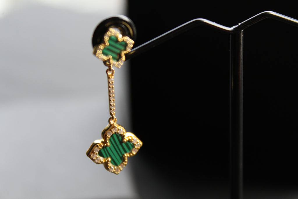Gold & Formed Malachite Vintage Flower Drop Earrings