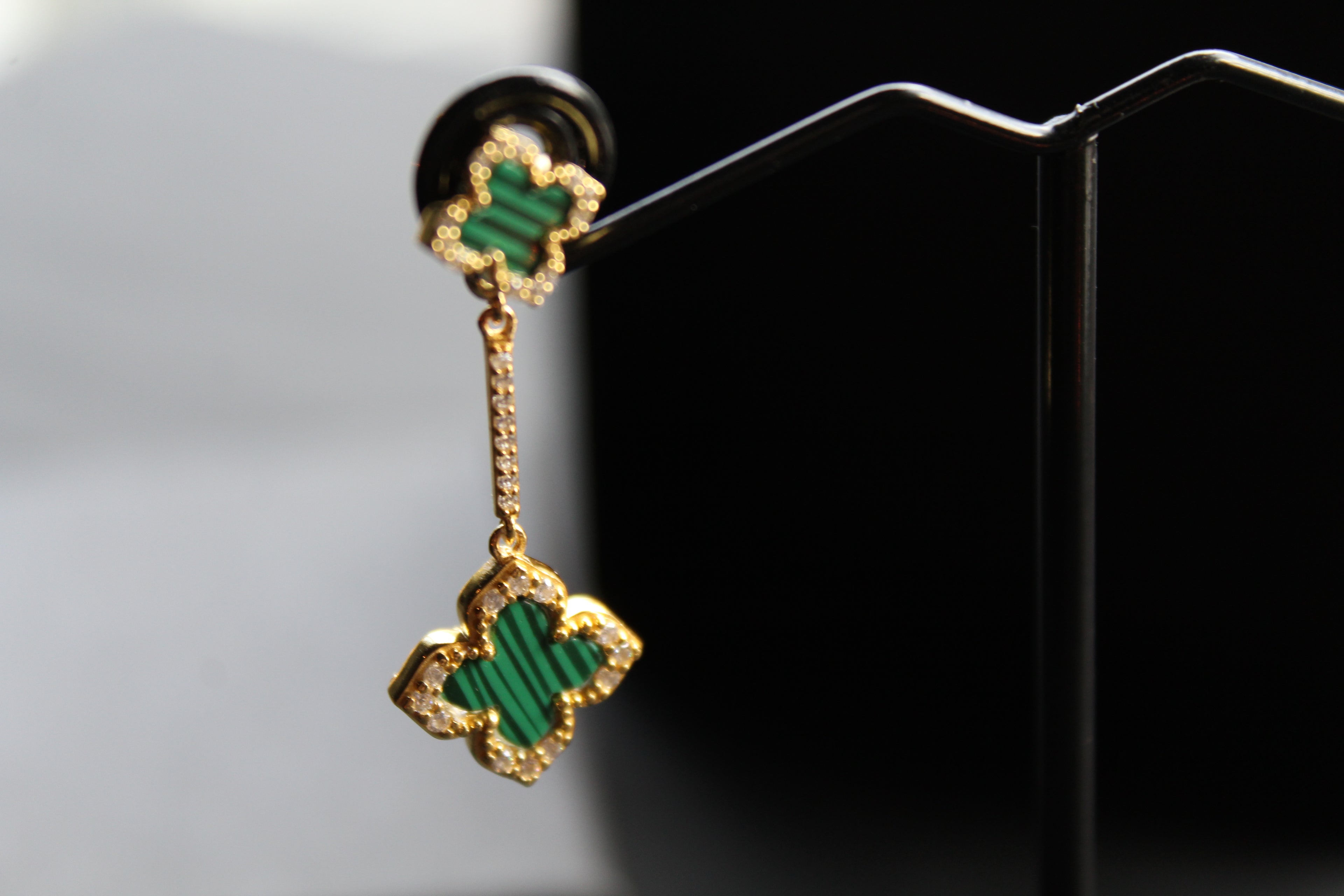 Gold & Formed Malachite Vintage Flower Drop Earrings
