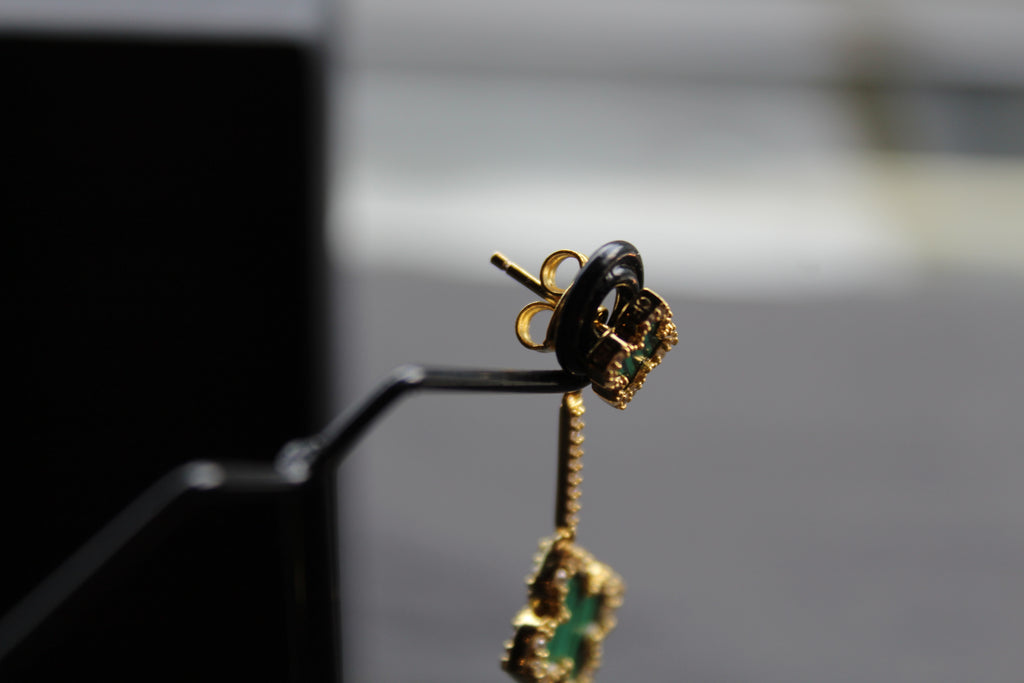 Gold & Formed Malachite Vintage Flower Drop Earrings