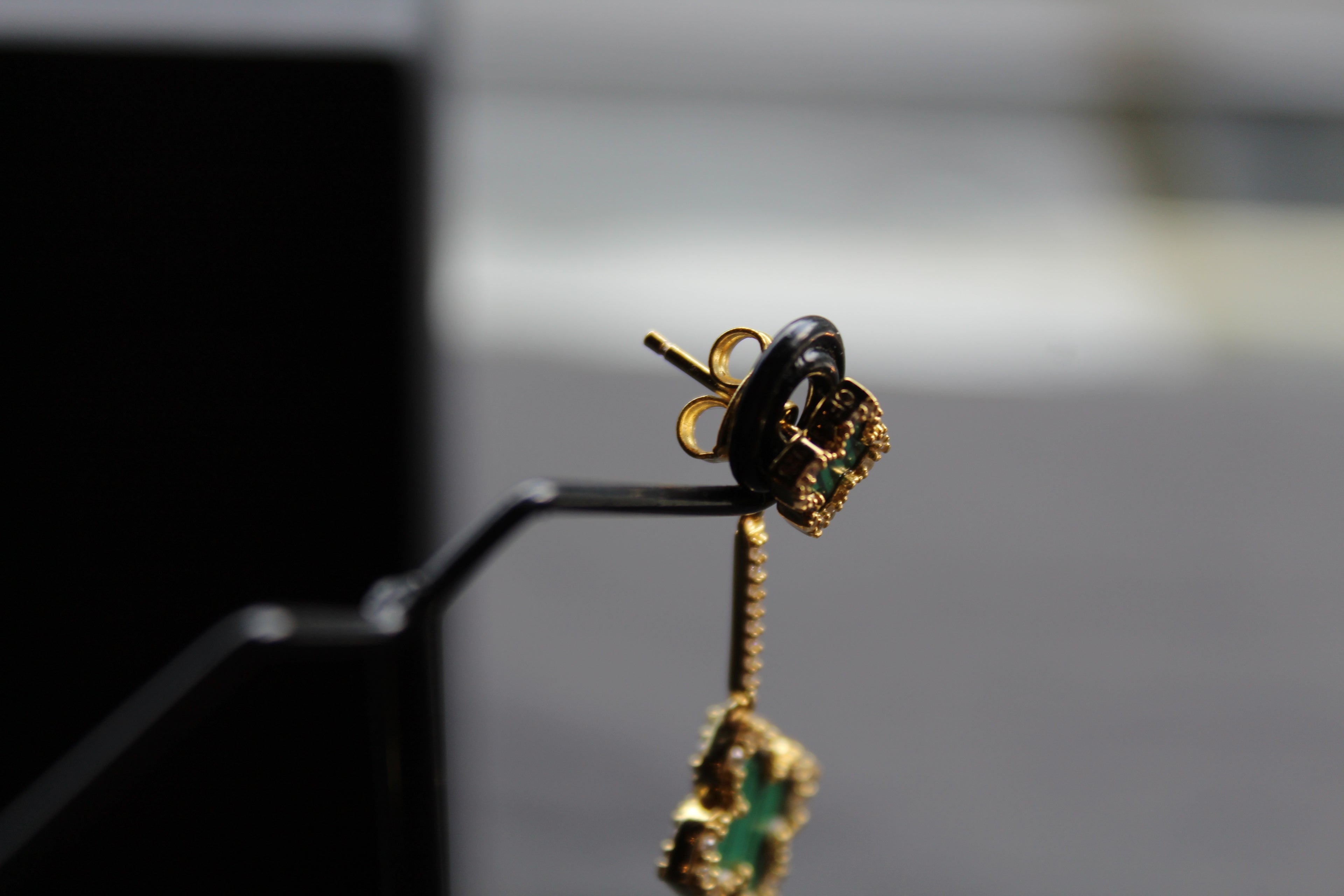 Gold & Formed Malachite Vintage Flower Drop Earrings