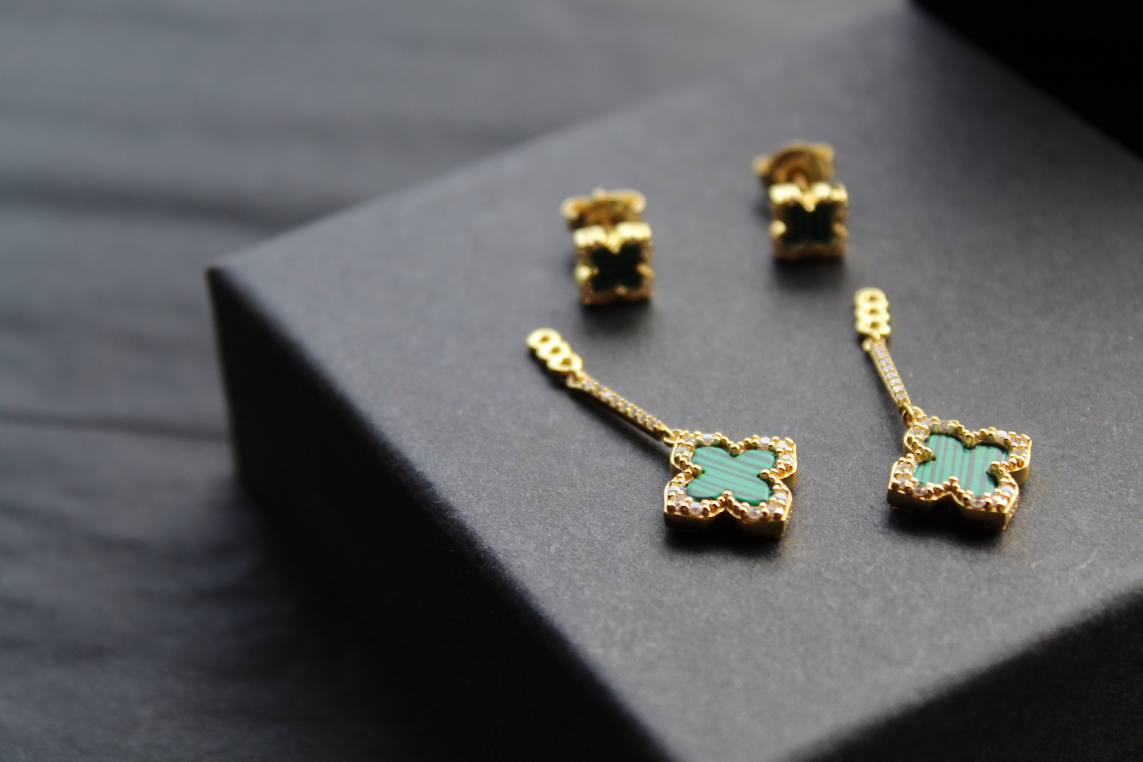 Gold & Formed Malachite Vintage Flower Drop Earrings