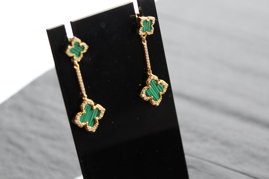 Gold & Formed Malachite Vintage Flower Drop Earrings