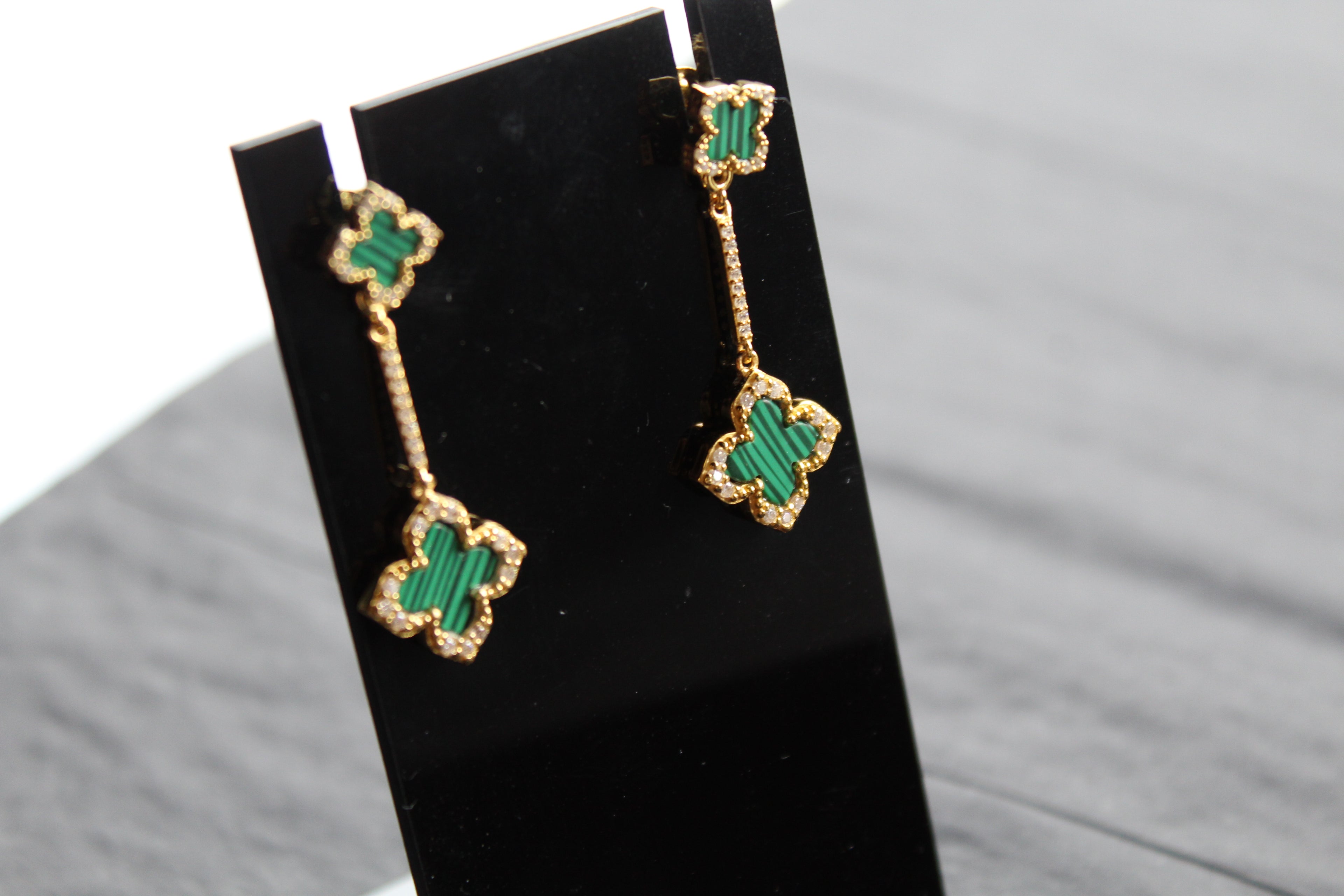 Gold & Formed Malachite Vintage Flower Drop Earrings