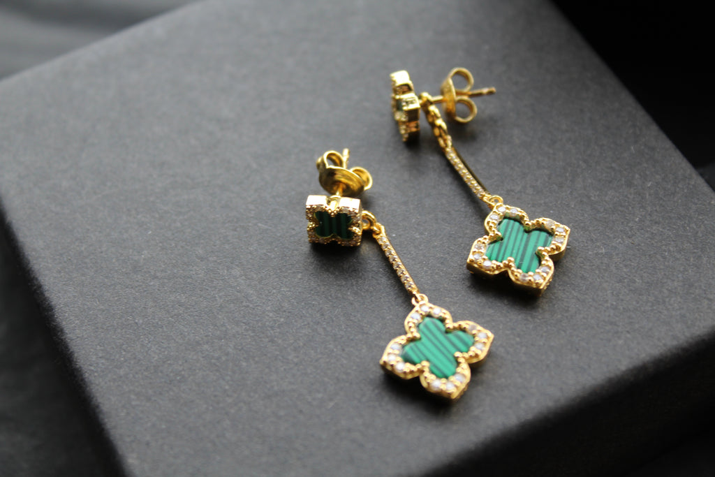 Gold & Formed Malachite Vintage Flower Drop Earrings