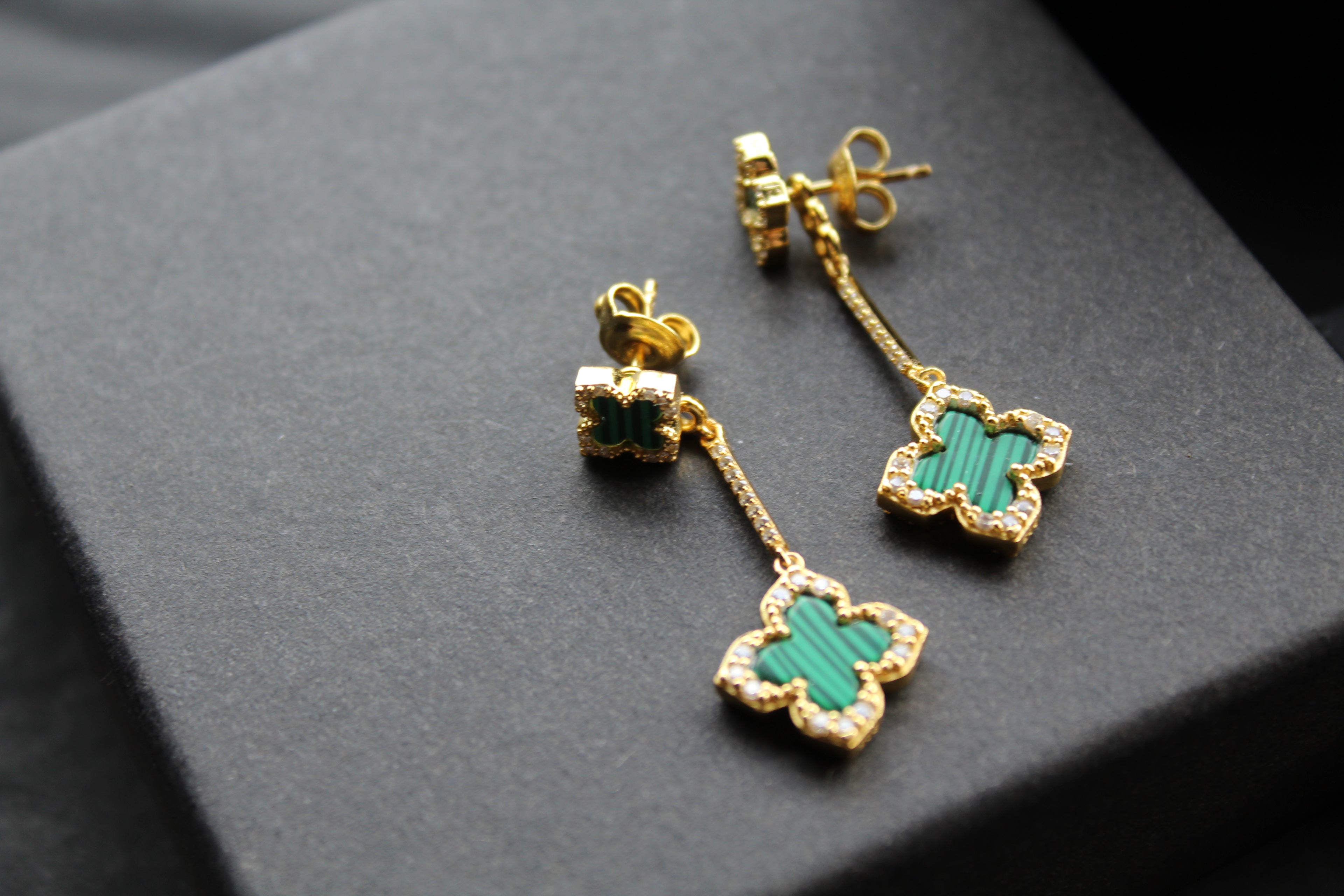 Gold & Formed Malachite Vintage Flower Drop Earrings