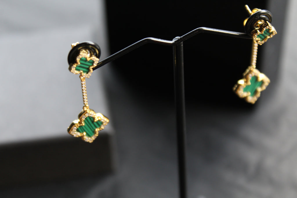 Gold & Formed Malachite Vintage Flower Drop Earrings