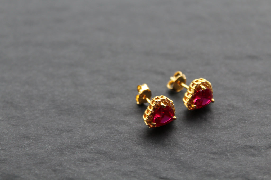 Gold & Ruby Red Cubic Zirconia Heart of India Earrings