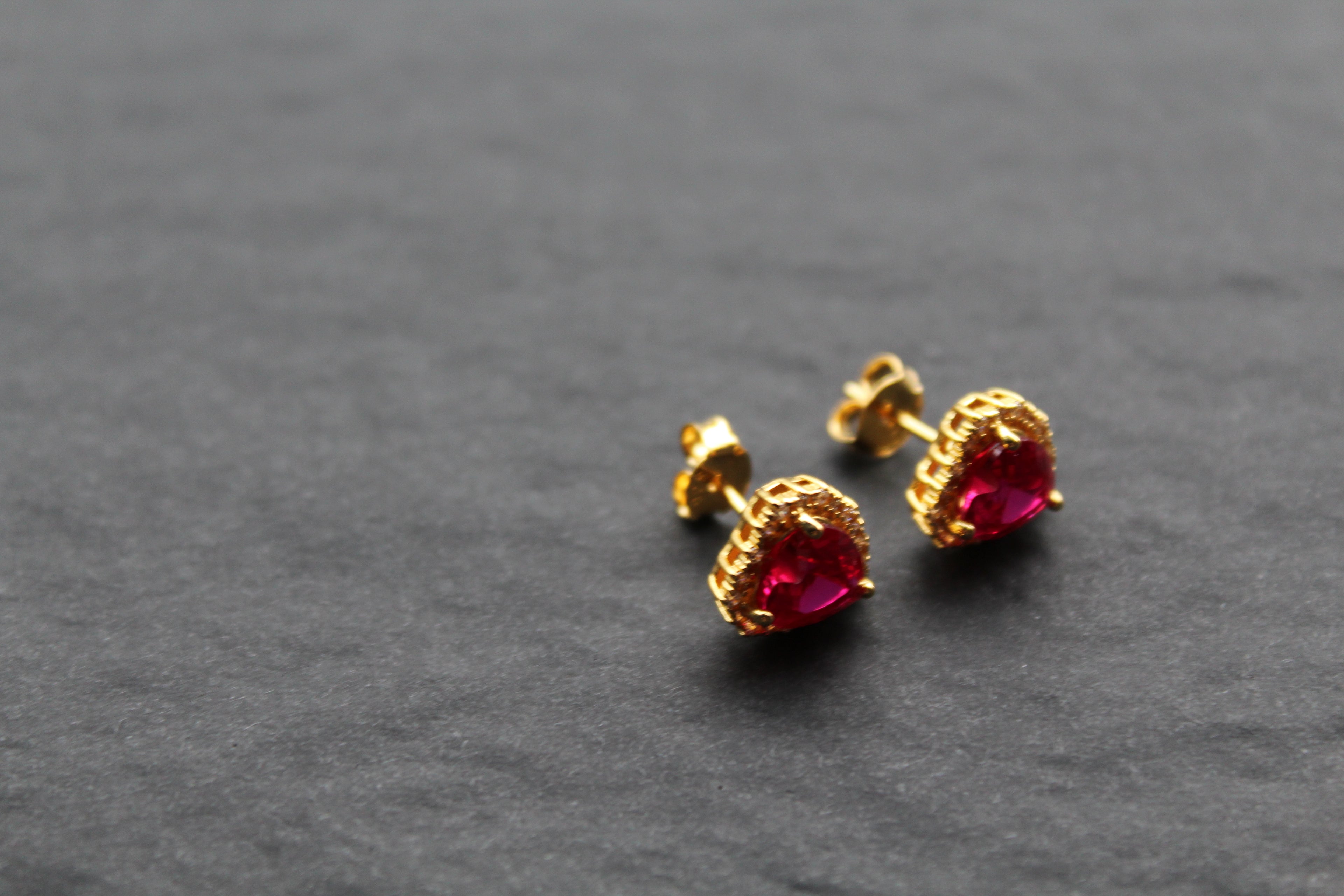 Gold & Ruby Red Cubic Zirconia Heart of India Earrings