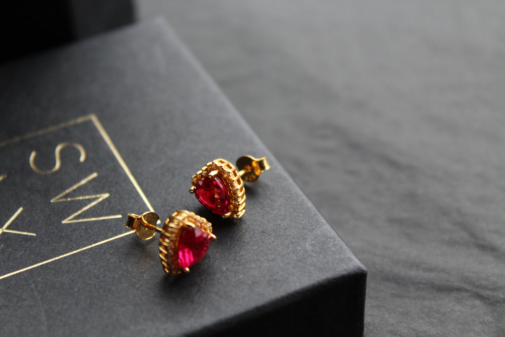 Gold & Ruby Red Cubic Zirconia Heart of India Earrings