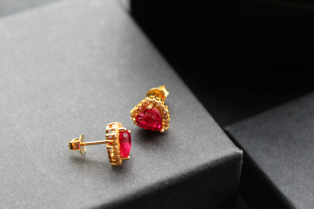 Gold & Ruby Red Cubic Zirconia Heart of India Earrings