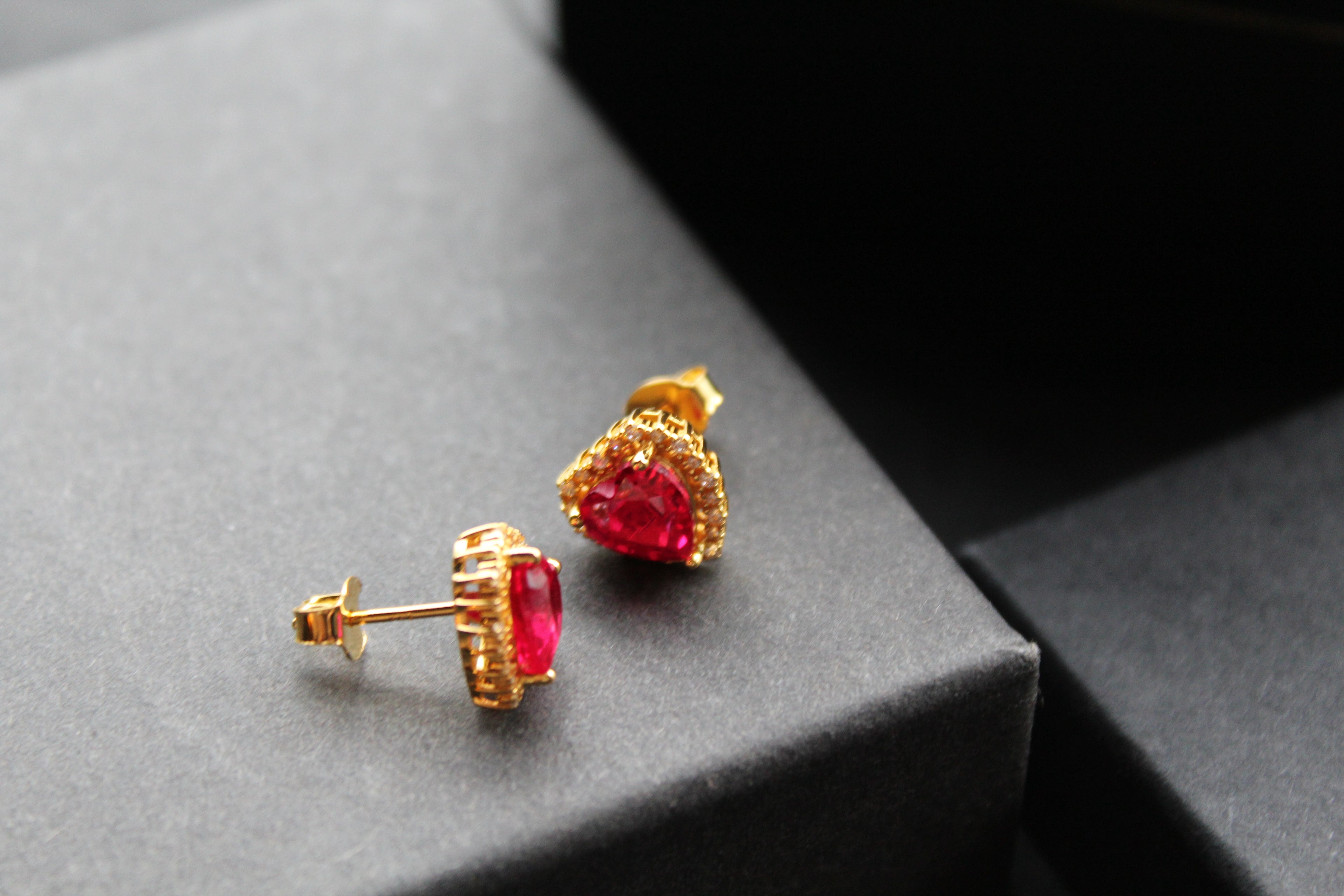 Gold & Ruby Red Cubic Zirconia Heart of India Earrings