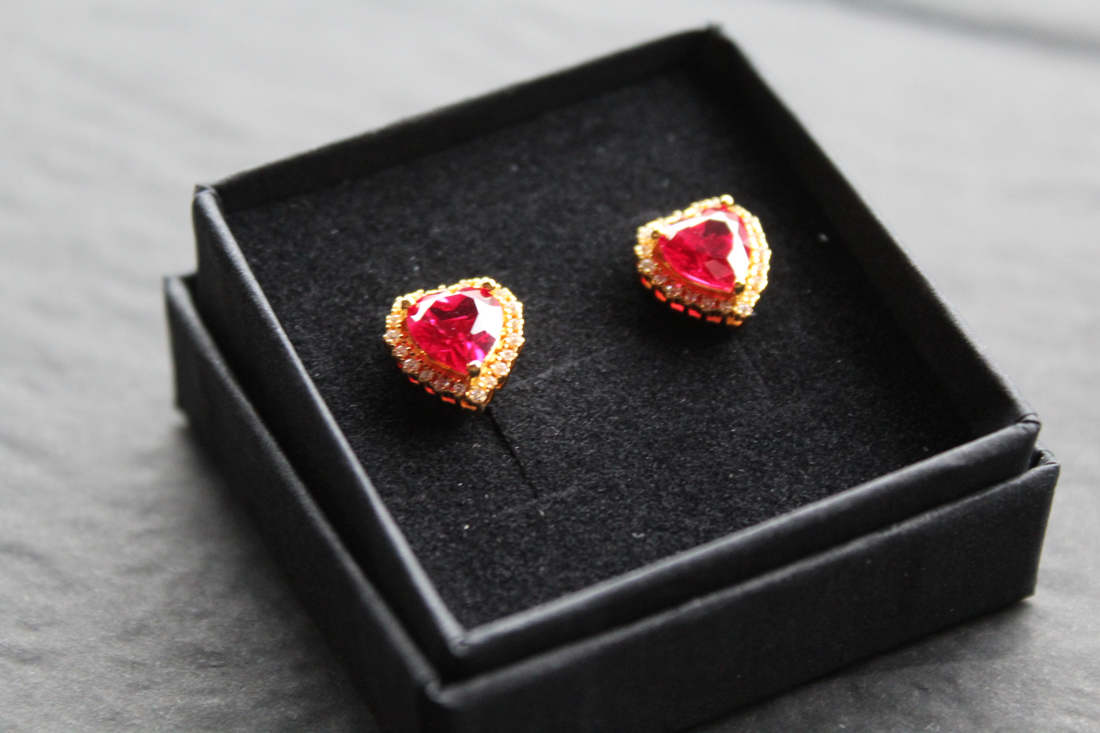 Gold & Ruby Red Cubic Zirconia Heart of India Earrings
