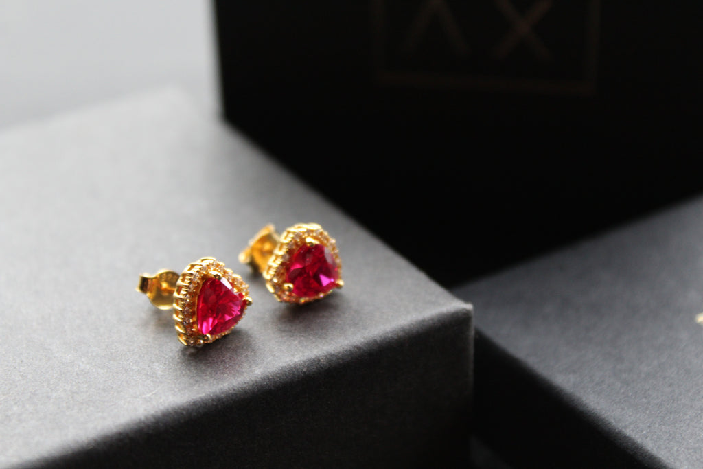Gold & Ruby Red Cubic Zirconia Heart of India Earrings