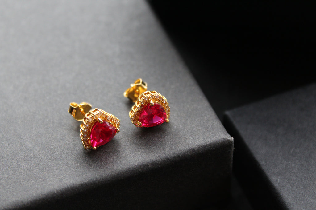Gold & Ruby Red Cubic Zirconia Heart of India Earrings