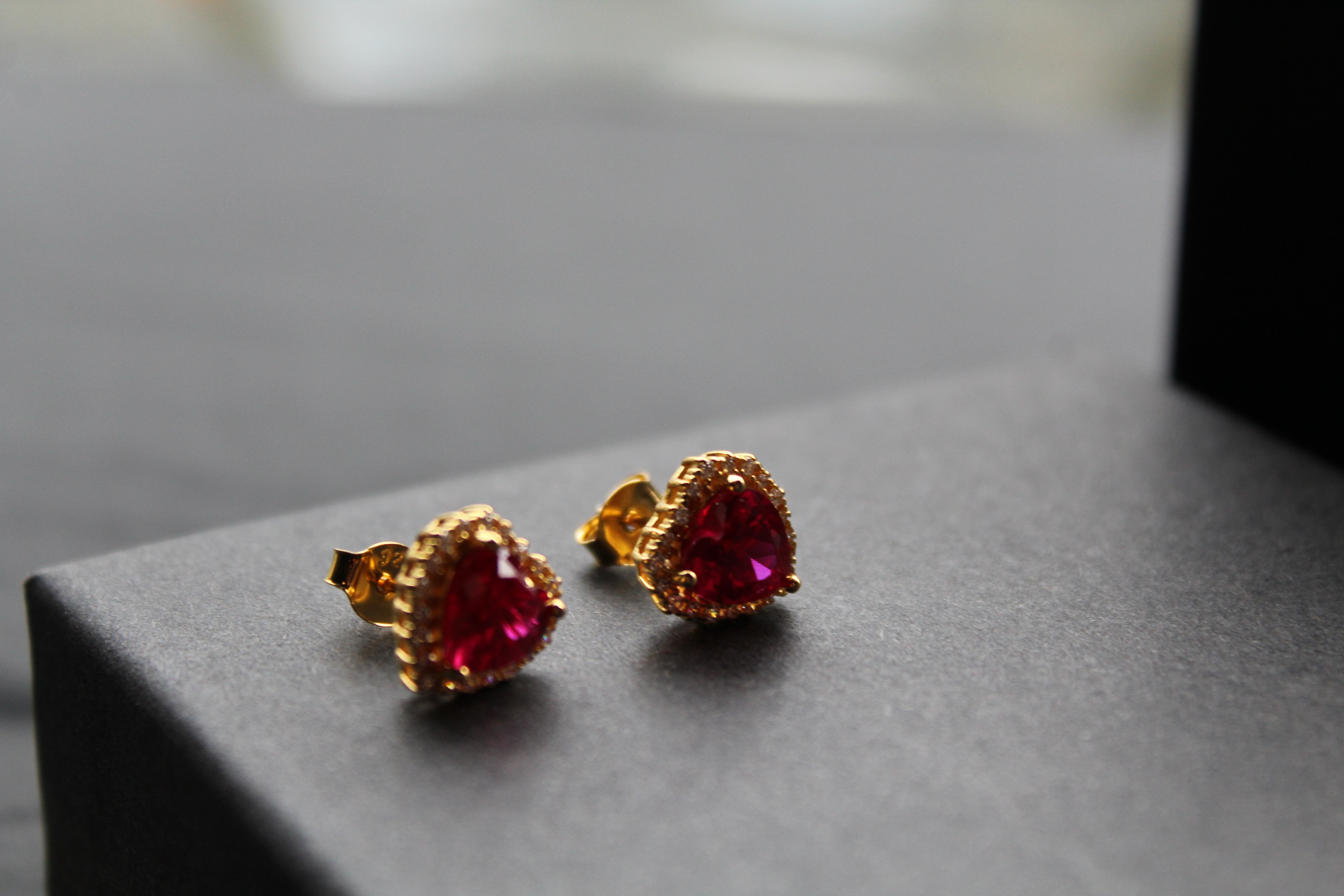 Gold & Ruby Red Cubic Zirconia Heart of India Earrings