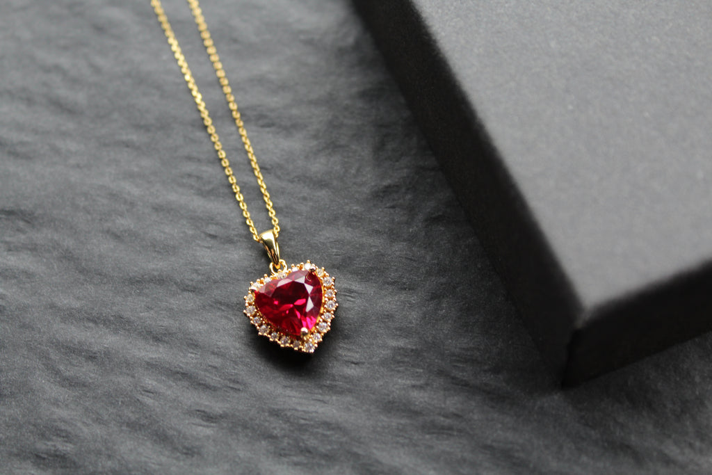 Gold & Ruby Cubic Zirconia Heart of India Pendant with 16-18" Chain